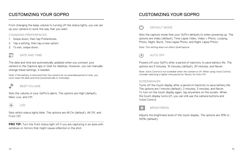 Customizing your gopro, Off. for details, see, Auto off | GoPro Hero 5 Black User Manual | Page 38 / 47