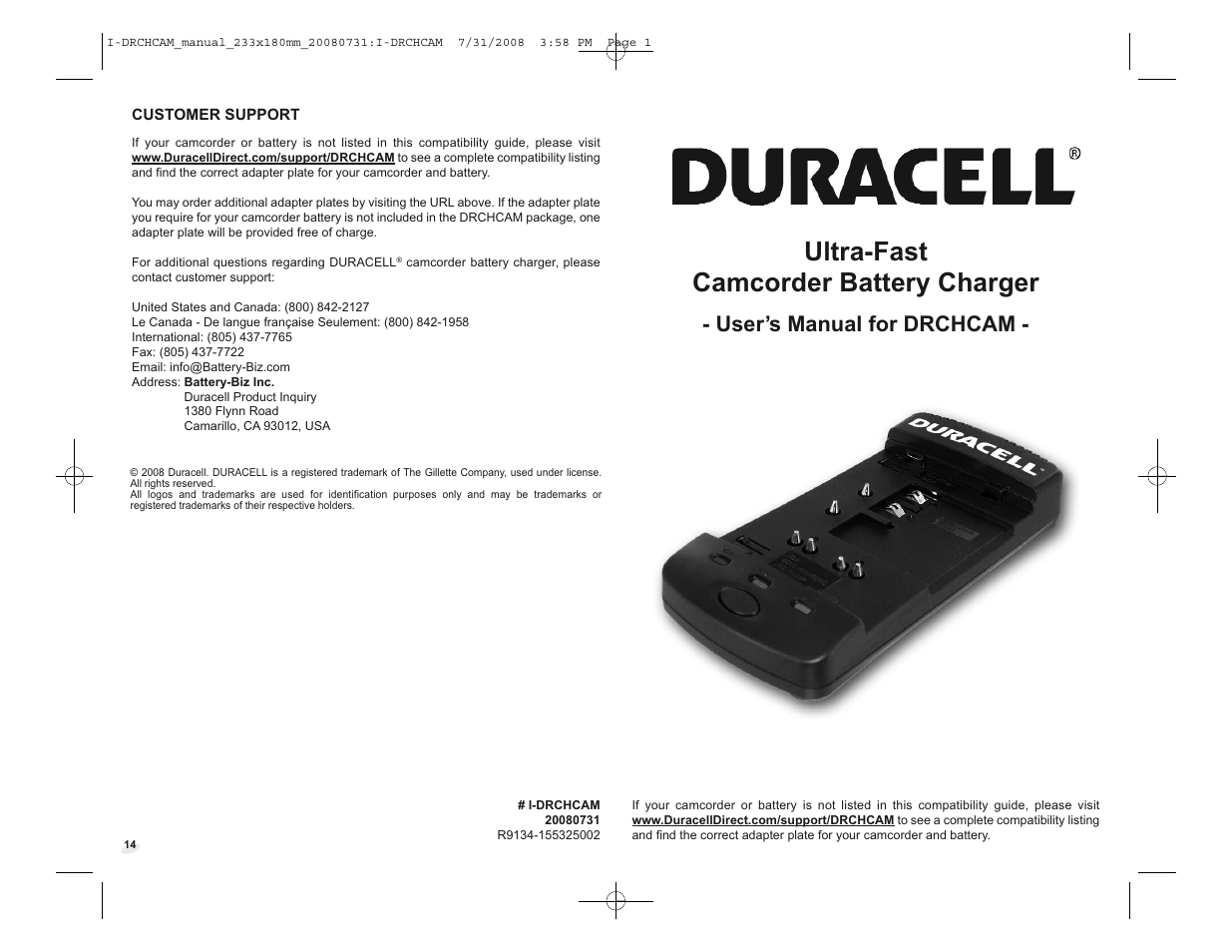 Duracell DRCHCAM User Manual | 16 pages