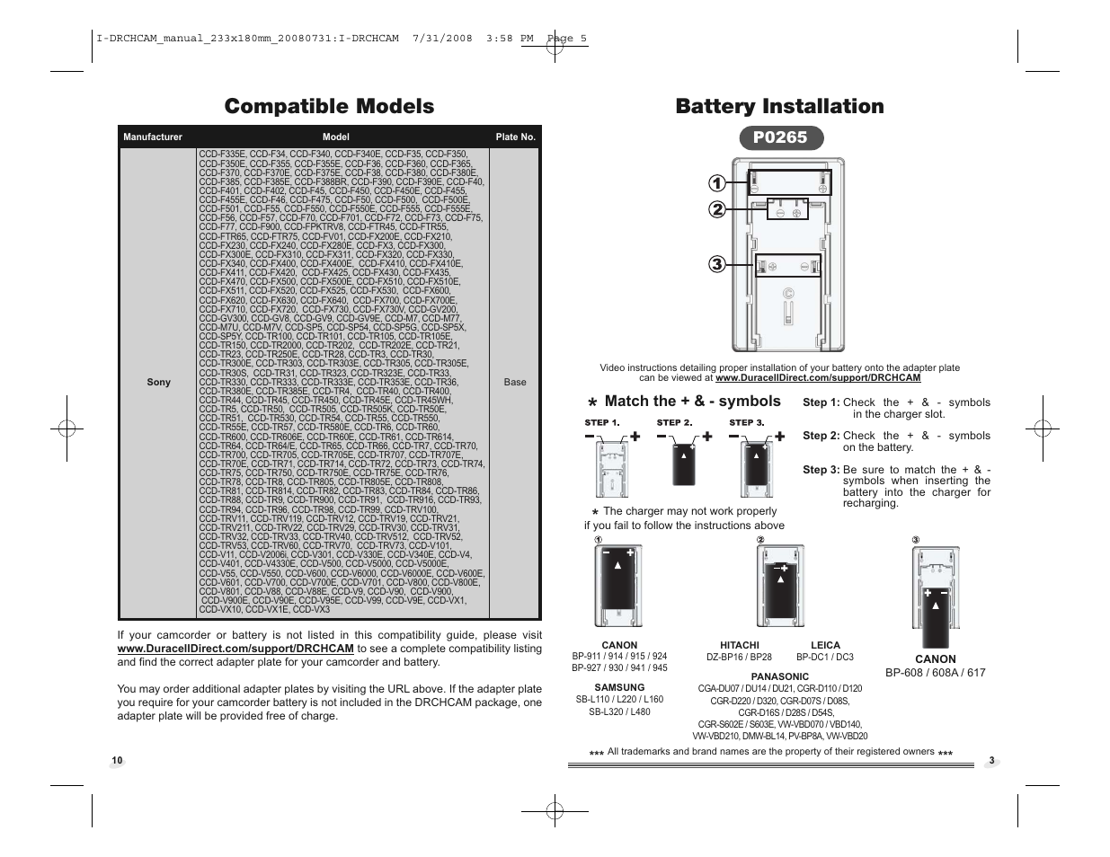 I-drchcam_manual_233x180mm_20080731_p10.pdf, Battery installation, Compatible models | Match the + & - symbols, P0265 | Duracell DRCHCAM User Manual | Page 12 / 16