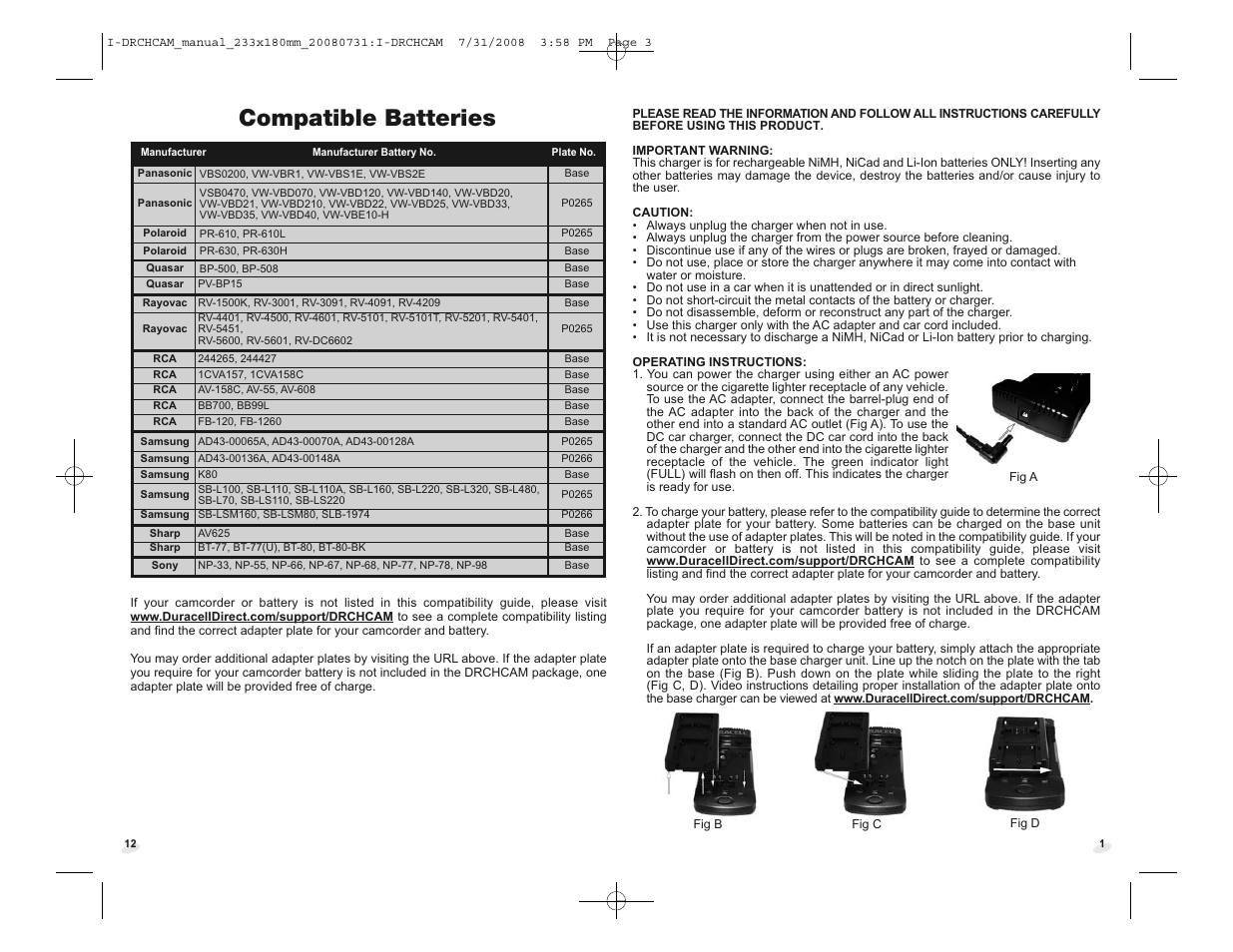 I-drchcam_manual_233x180mm_20080731_p12.pdf, Compatible batteries | Duracell DRCHCAM User Manual | Page 14 / 16