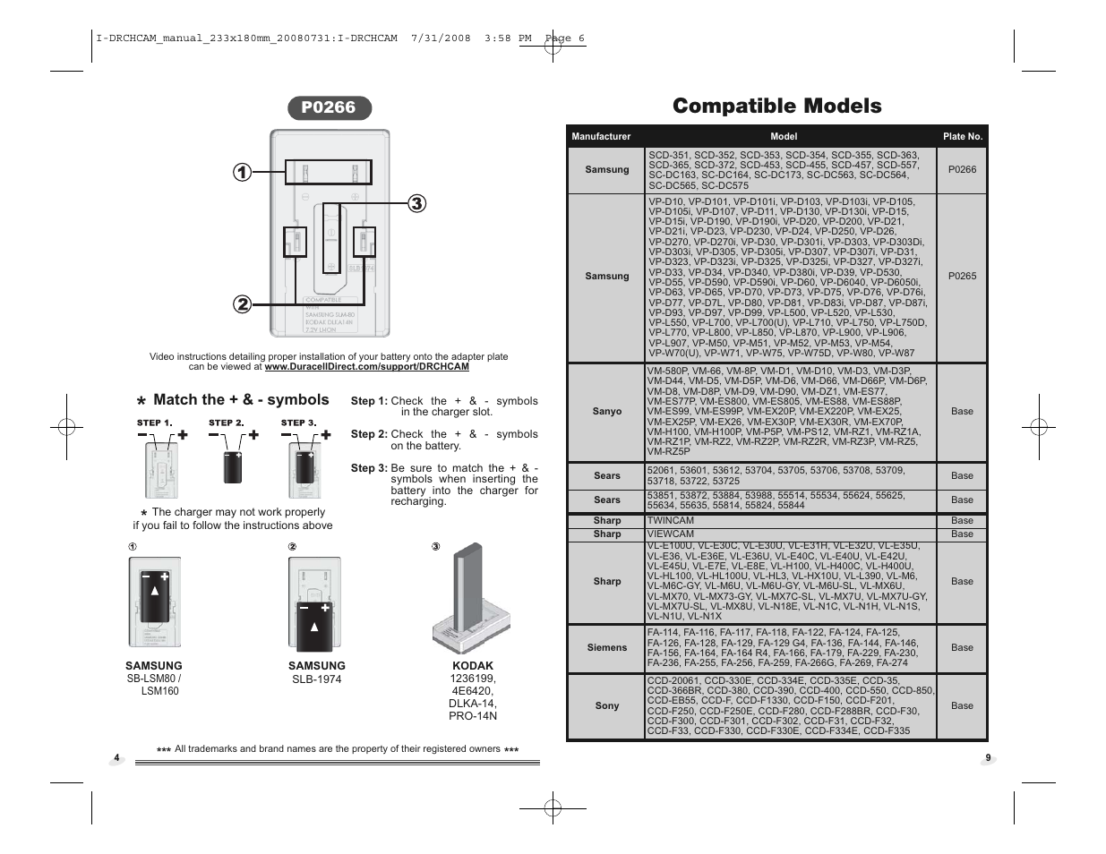 I-drchcam_manual_233x180mm_20080731_p4.pdf, Compatible models, Match the + & - symbols | P0266 | Duracell DRCHCAM User Manual | Page 6 / 16