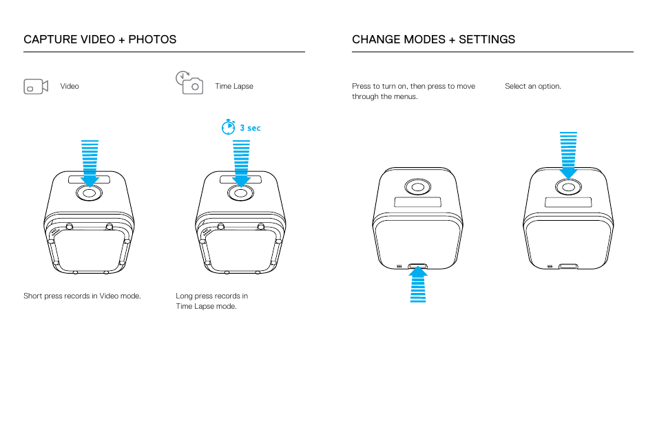 Capture video + photos change modes + settings | GoPro Hero 5 Session User Manual | Page 3 / 5