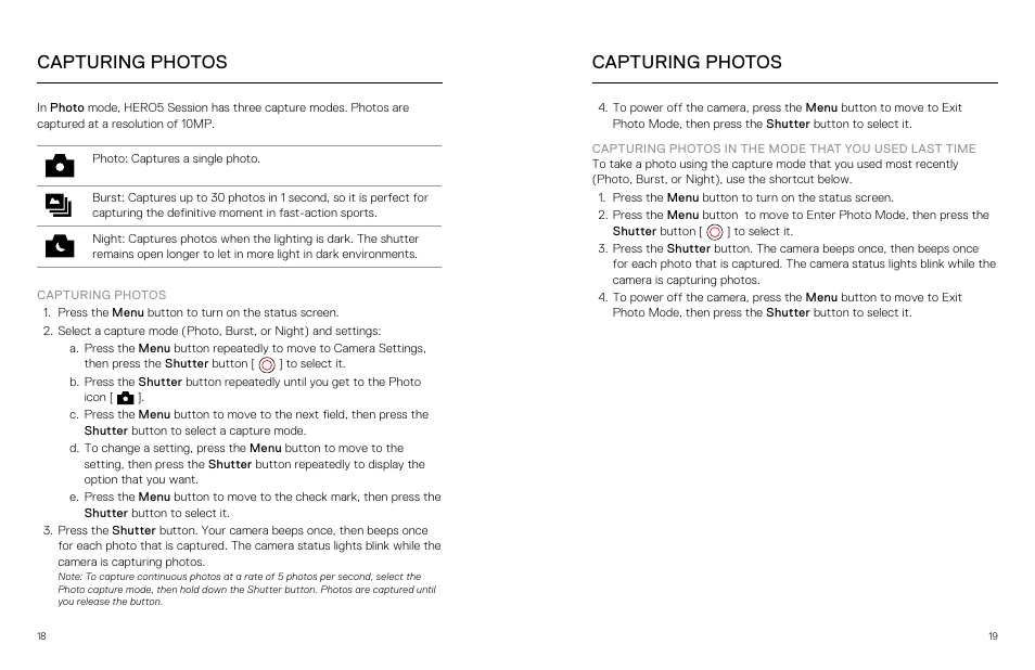 Capturing photos | GoPro Hero 5 Session User Manual | Page 10 / 38
