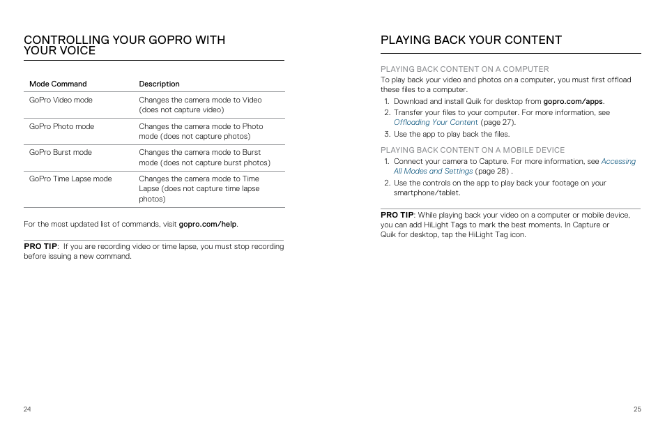 Playing back your content, Controlling your gopro with your voice | GoPro Hero 5 Session User Manual | Page 13 / 38