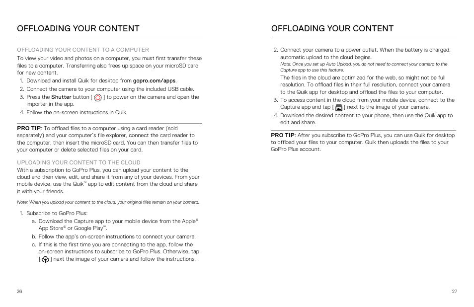 Offloading your content, Offloading your conten t | GoPro Hero 5 Session User Manual | Page 14 / 38