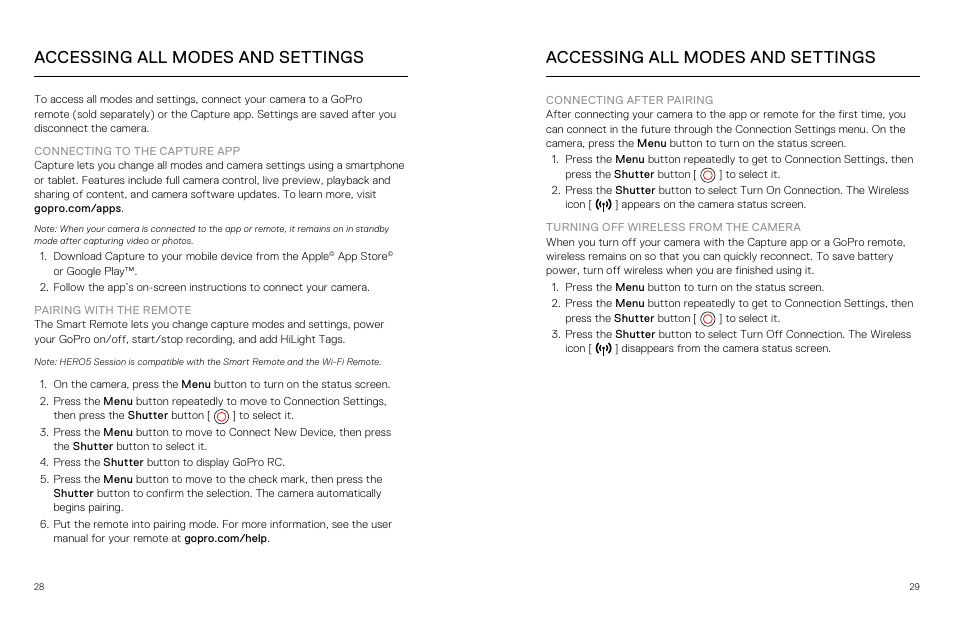 Accessing all modes and settings, Accessing all modes and, Settings | Accessing, All modes and settings | GoPro Hero 5 Session User Manual | Page 15 / 38