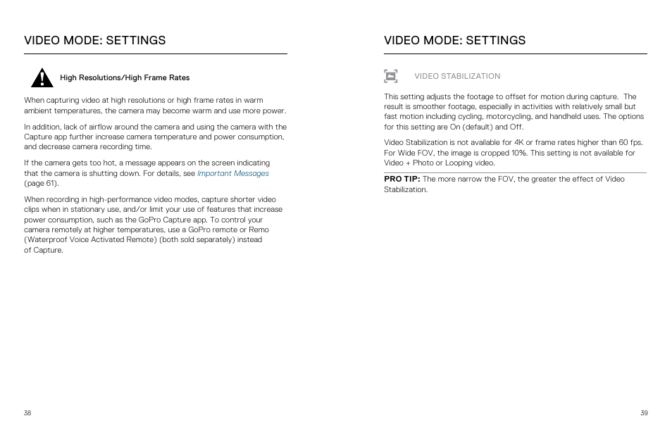 Video stabilization, Video mode: settings | GoPro Hero 5 Session User Manual | Page 20 / 38