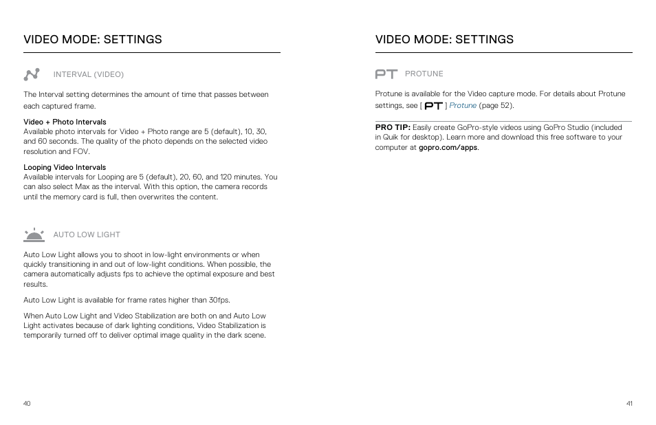 Interval (video), Auto low ligh t, Video mode: settings | GoPro Hero 5 Session User Manual | Page 21 / 38