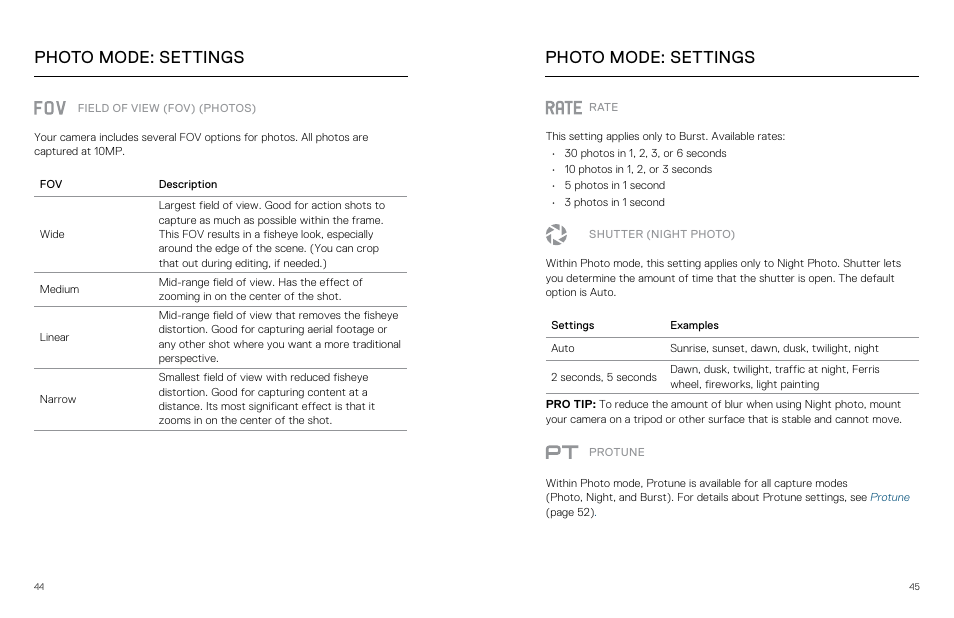 Field of view (fov) (photos), Shutter (night photo), Rate | Photo mode: settings | GoPro Hero 5 Session User Manual | Page 23 / 38