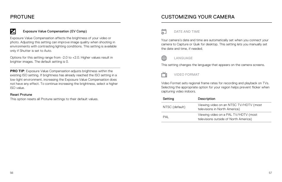 Customizing your camera, Video format, Protune customizing your camera | GoPro Hero 5 Session User Manual | Page 29 / 38