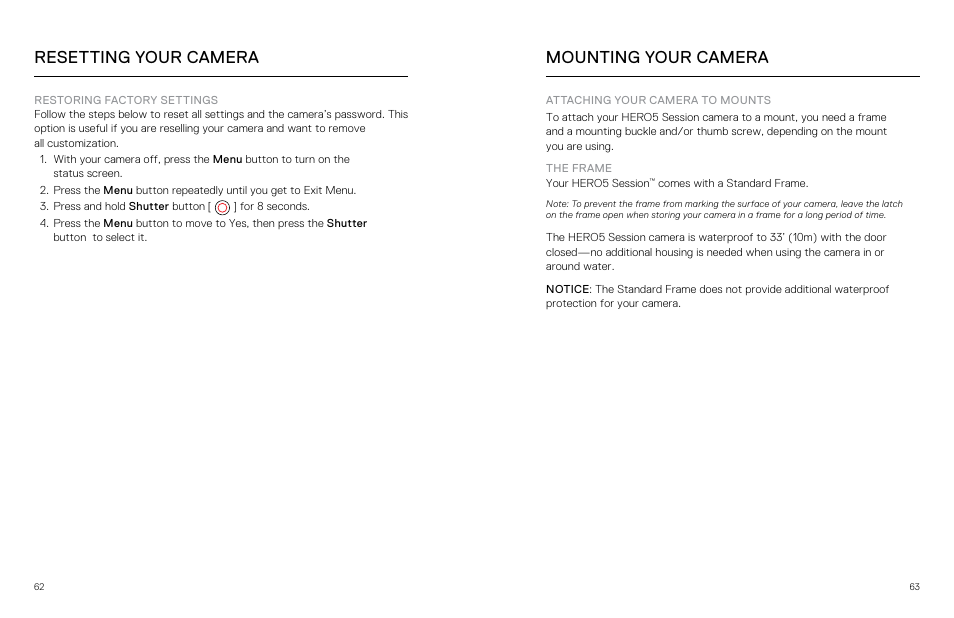 Resetting your camera, Mounting your camera, Resetting your camera mounting your camera | GoPro Hero 5 Session User Manual | Page 32 / 38