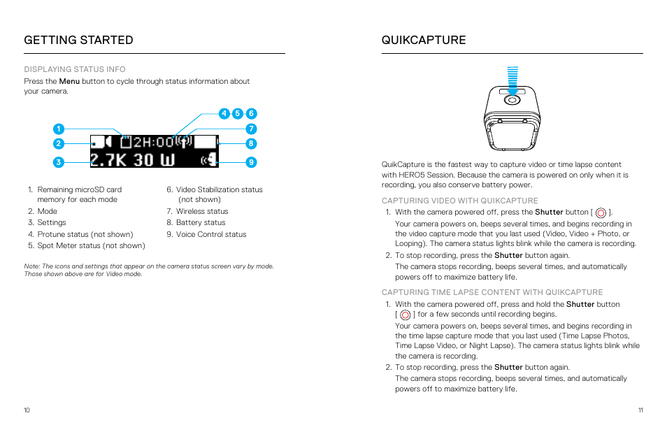 Quikcapture, Getting started | GoPro Hero 5 Session User Manual | Page 6 / 38