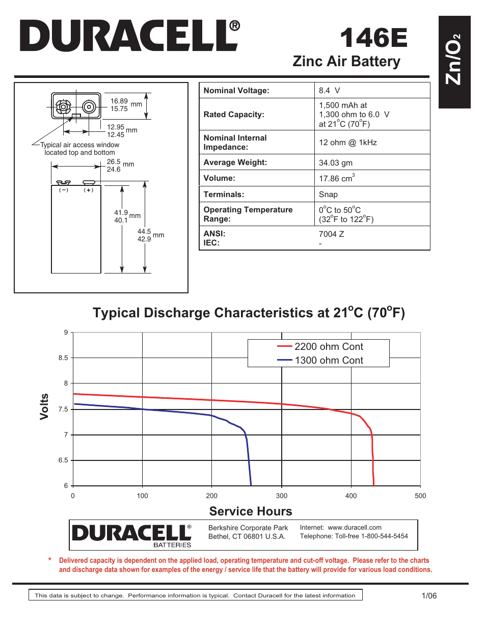 Duracell Zinc Air Battery 146E User Manual | 1 page