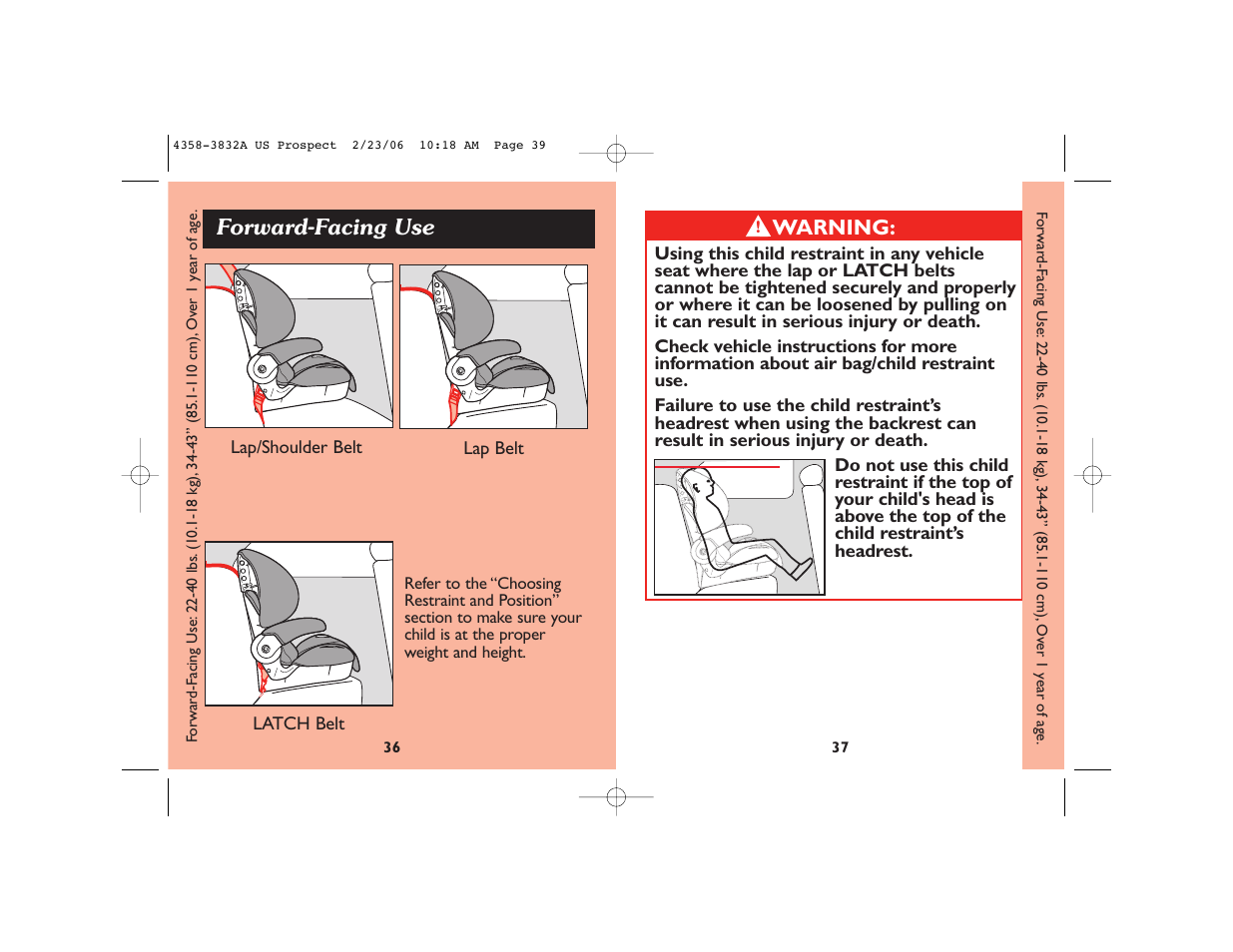 Forward-facing use, Warning | Dorel Juvenile Group 4358-3832A User Manual | Page 20 / 38