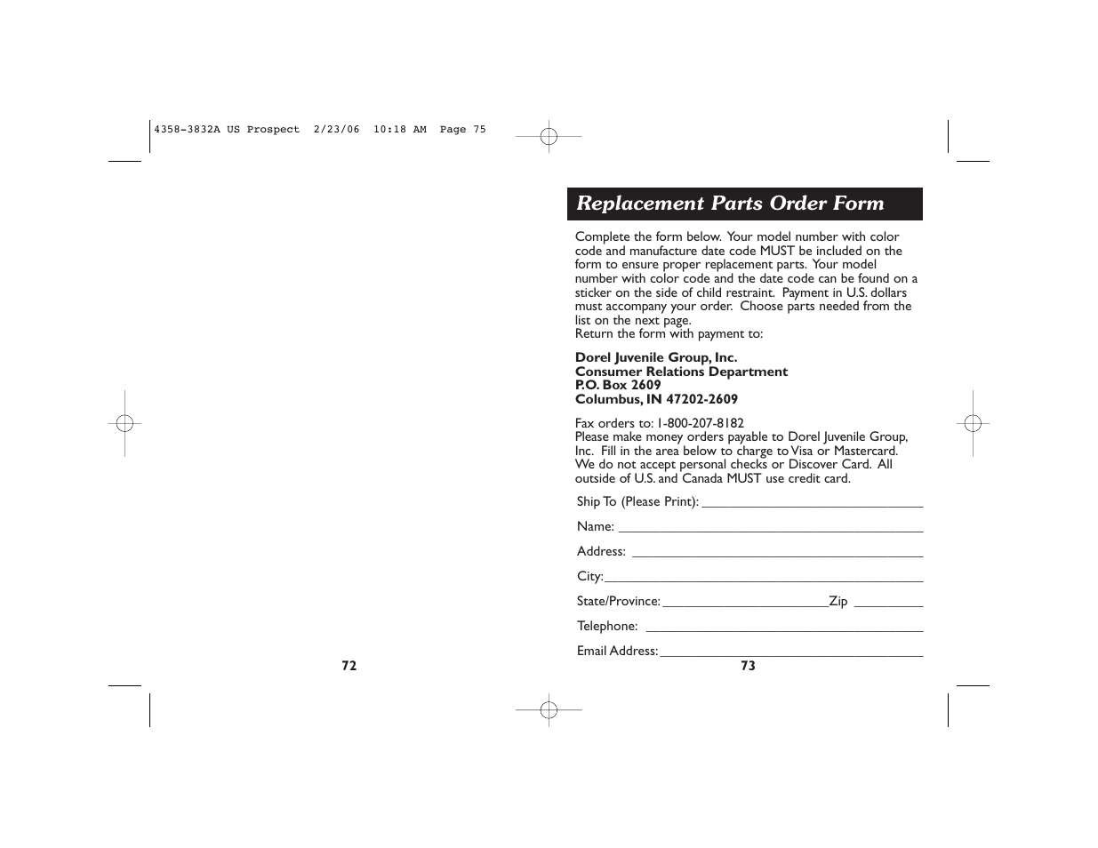 Replacement parts order form | Dorel Juvenile Group 4358-3832A User Manual | Page 38 / 38