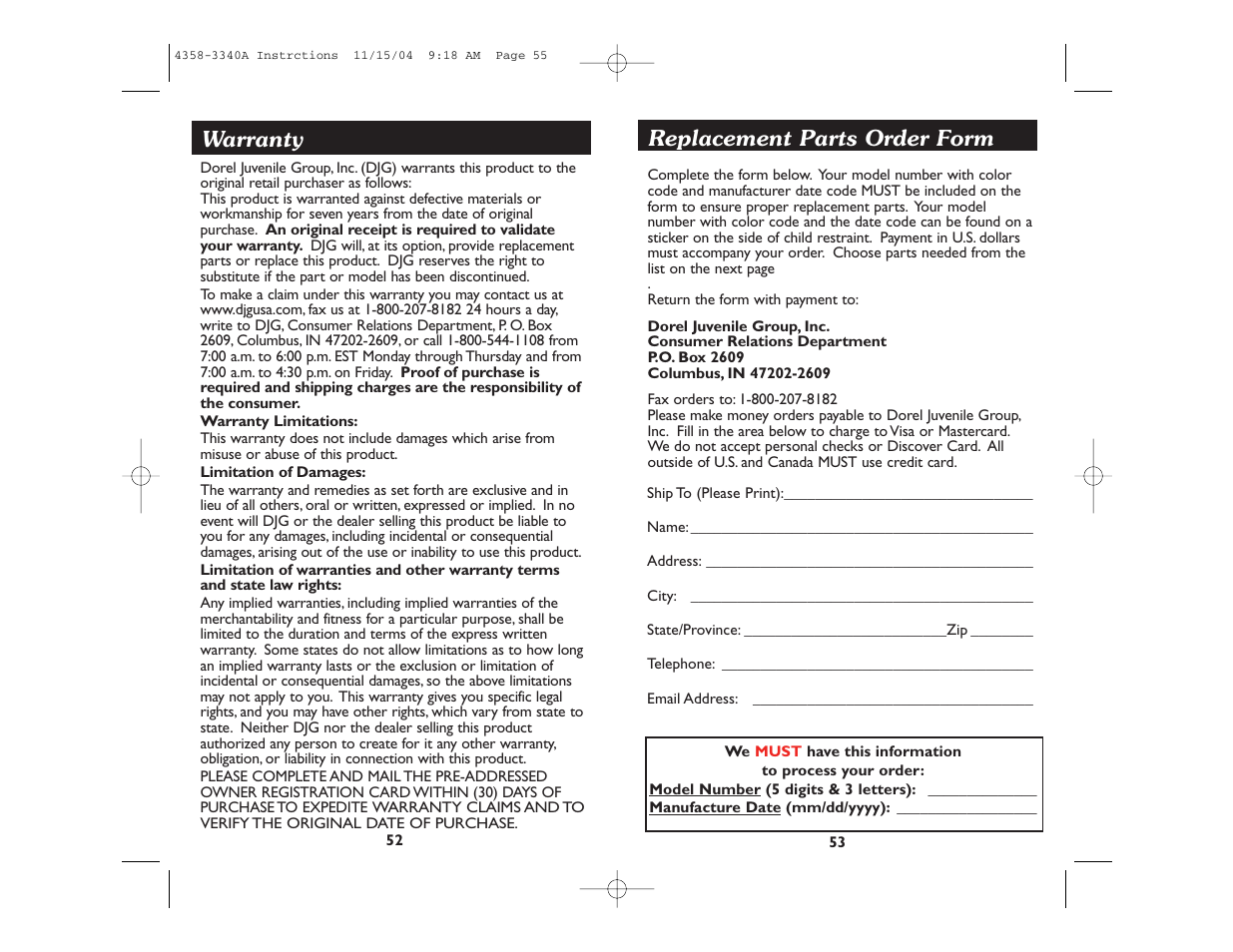 Warranty, Replacement parts order form | Safety 1st Alpha Omega Elite User Manual | Page 28 / 28