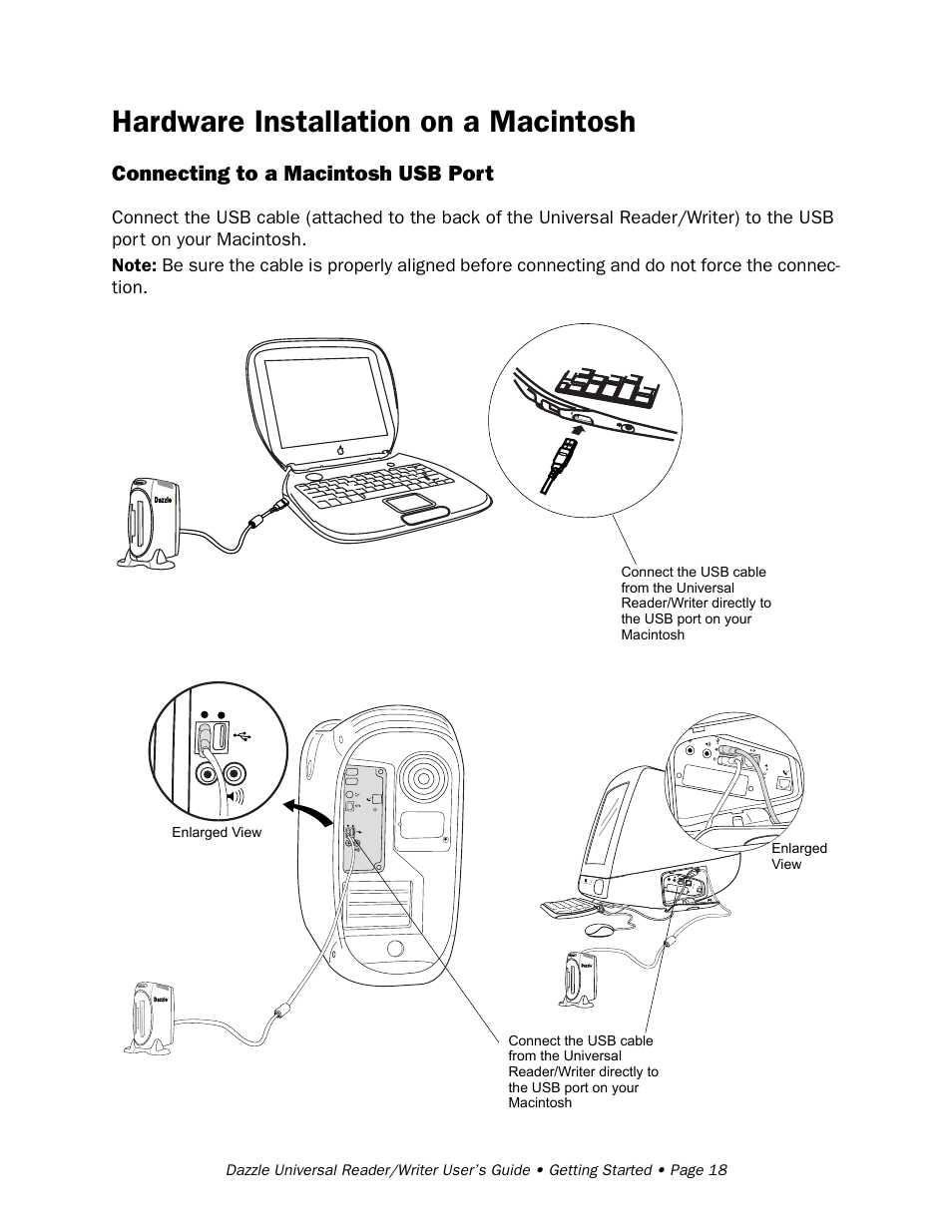 Hardware installation on a macintosh, Connecting to a macintosh usb port | Dazzle Multimedia Universal 8 in 1 Reader/Writer None User Manual | Page 18 / 41