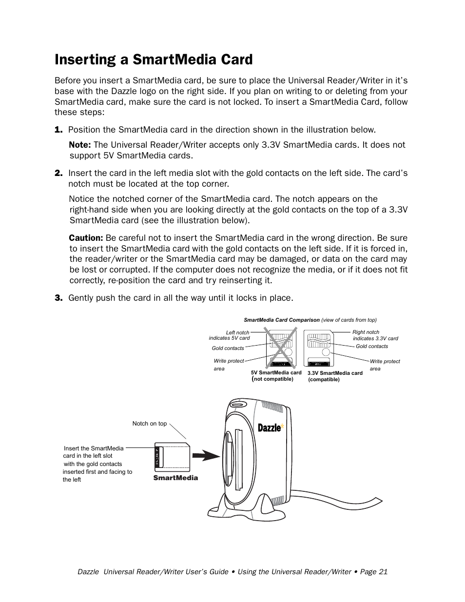 Inserting a smartmedia card, Inserting a smar tmedia card | Dazzle Multimedia Universal 8 in 1 Reader/Writer None User Manual | Page 21 / 41