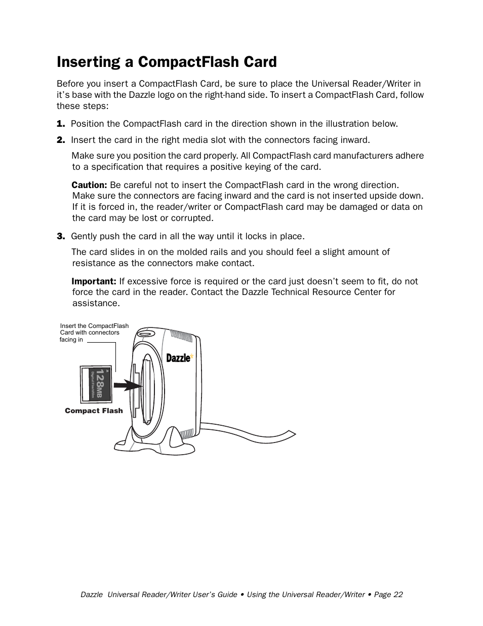 Inserting a compactflash card | Dazzle Multimedia Universal 8 in 1 Reader/Writer None User Manual | Page 22 / 41