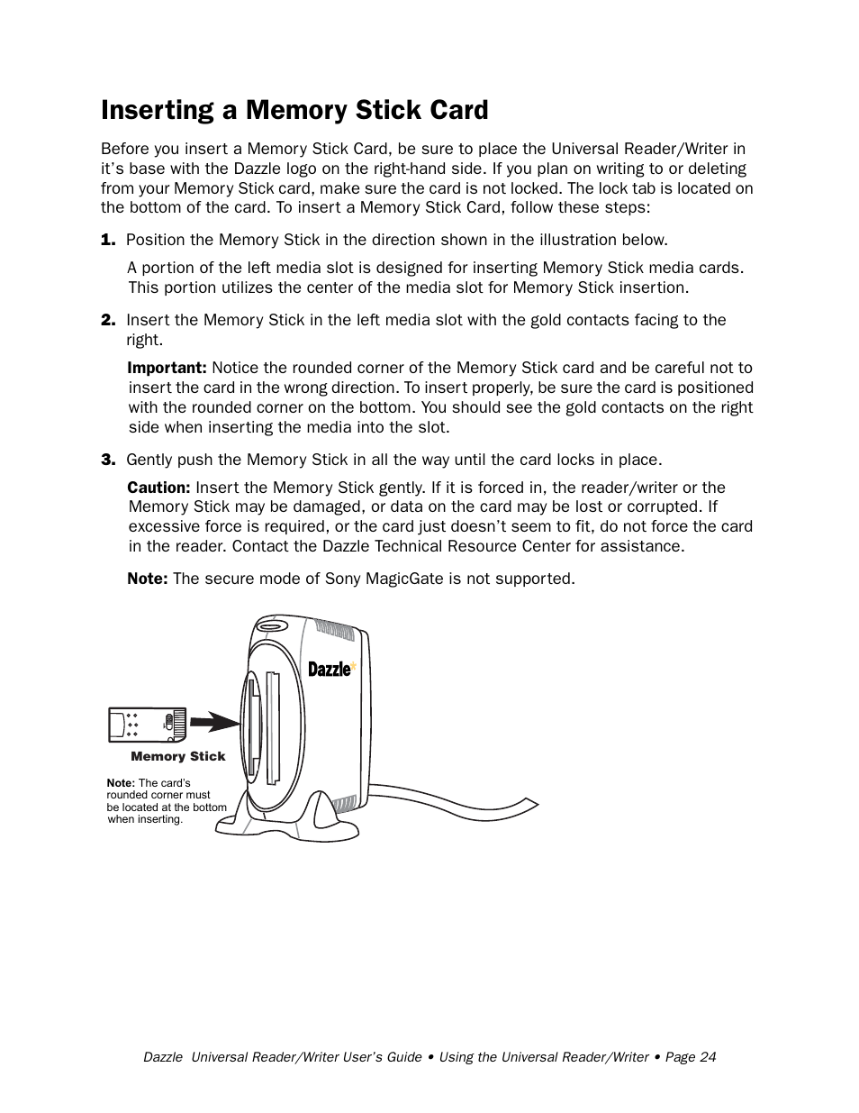 Inserting a memory stick card, Inserting a memor y stick card | Dazzle Multimedia Universal 8 in 1 Reader/Writer None User Manual | Page 24 / 41