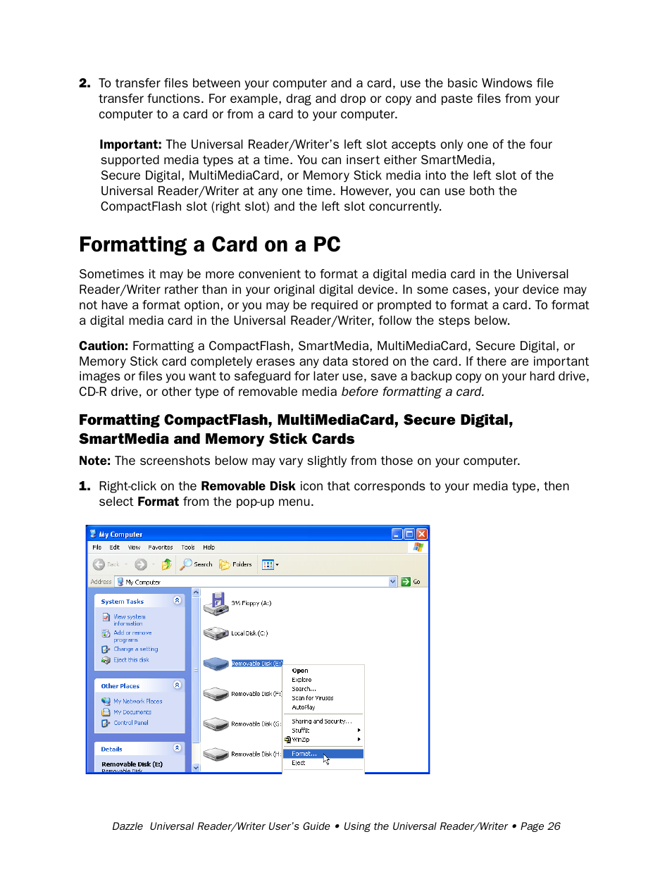 Formatting a card on a pc | Dazzle Multimedia Universal 8 in 1 Reader/Writer None User Manual | Page 26 / 41