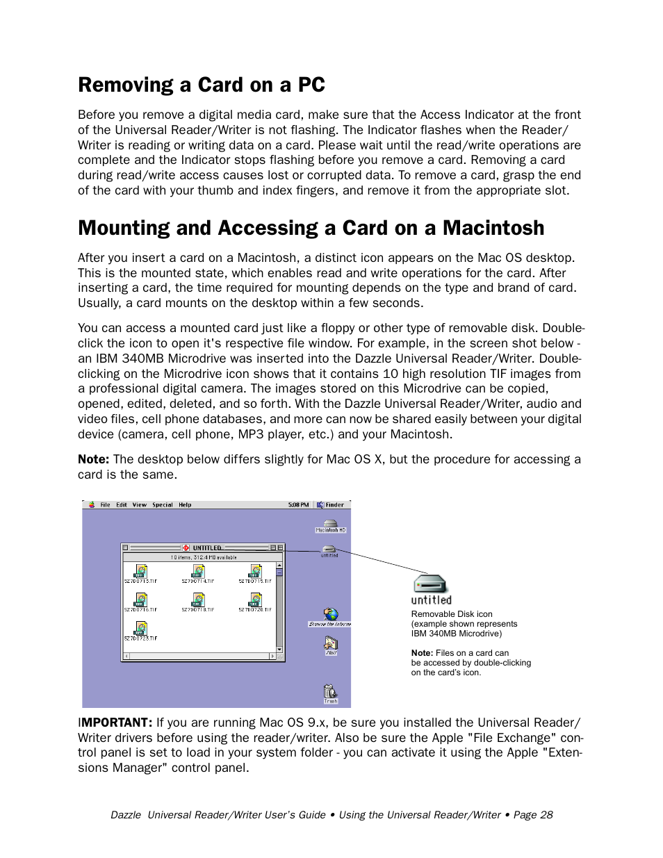 Removing a card on a pc, Mounting and accessing a card on a macintosh | Dazzle Multimedia Universal 8 in 1 Reader/Writer None User Manual | Page 28 / 41