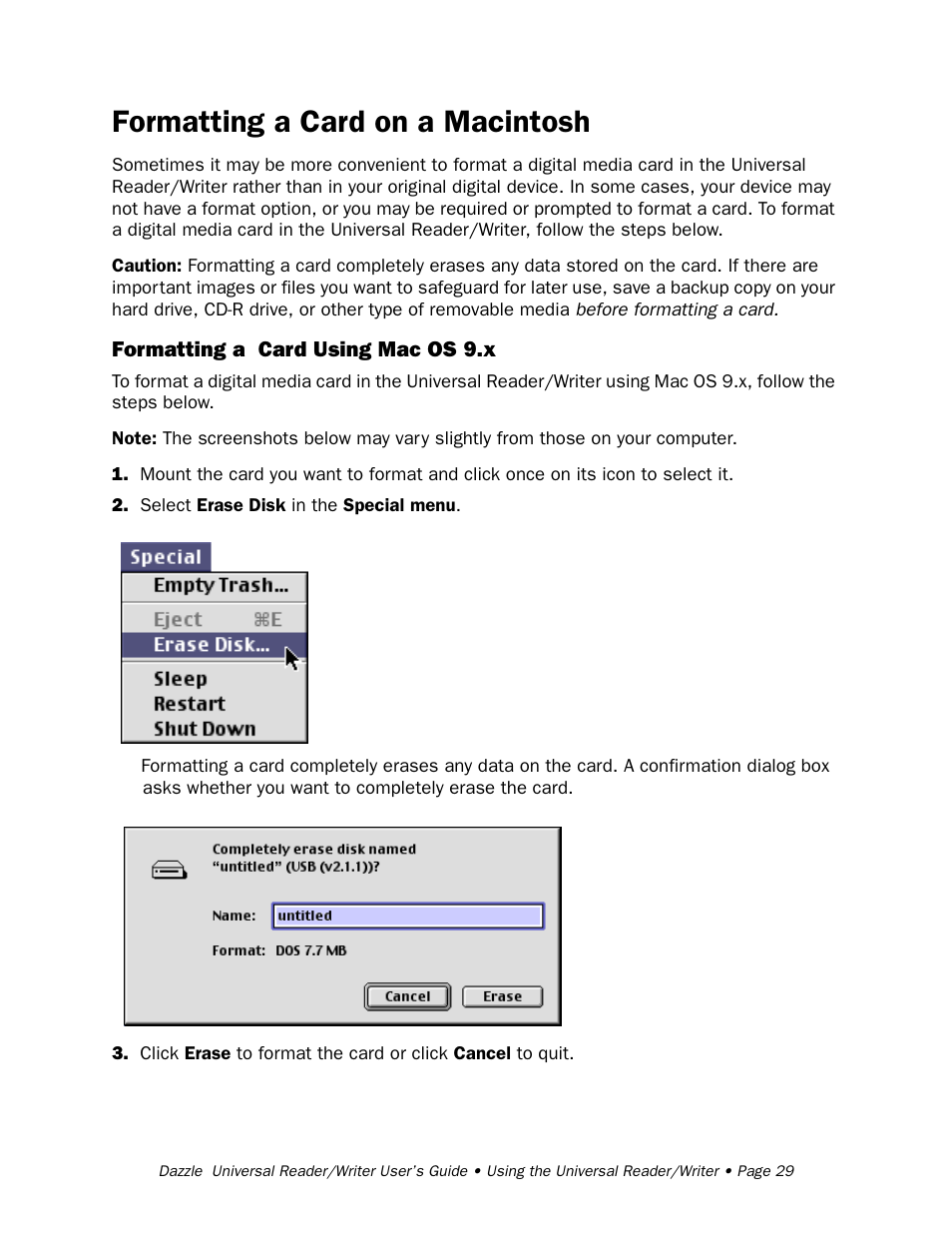 Formatting a card on a macintosh, Formatting a card using mac os 9.x | Dazzle Multimedia Universal 8 in 1 Reader/Writer None User Manual | Page 29 / 41