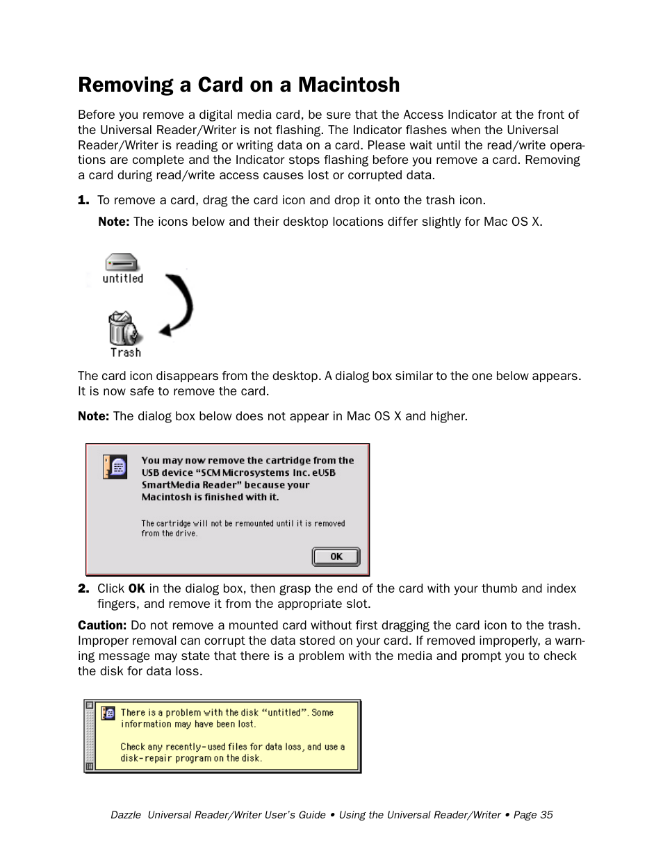Removing a card on a macintosh | Dazzle Multimedia Universal 8 in 1 Reader/Writer None User Manual | Page 35 / 41