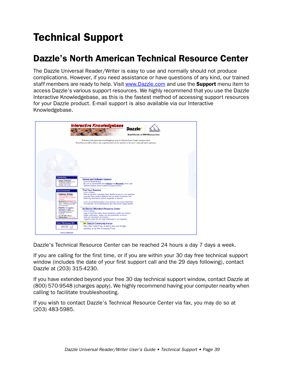 Technical support, Dazzle’s north american technical resource center, Dazzle’s nor th american technical resource center | Ter on, Of this guide | Dazzle Multimedia Universal 8 in 1 Reader/Writer None User Manual | Page 39 / 41