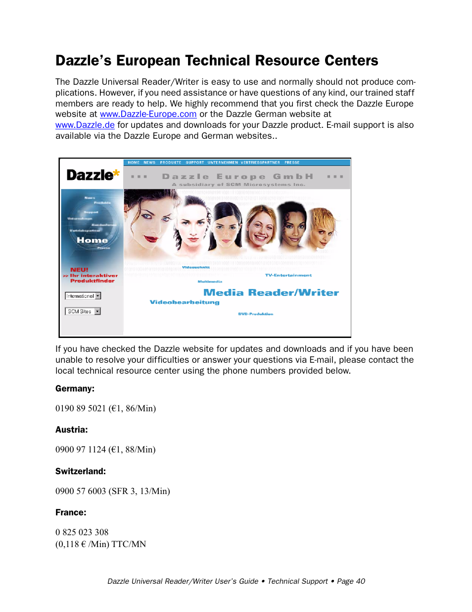 Dazzle’s european technical resource centers, Dazzle’s european technical resource center, T, or | Dazzle Multimedia Universal 8 in 1 Reader/Writer None User Manual | Page 40 / 41
