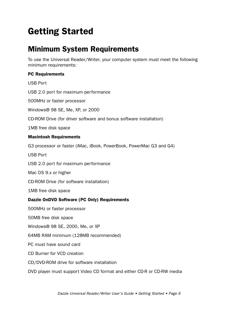 Getting started, Minimum system requirements | Dazzle Multimedia Universal 8 in 1 Reader/Writer None User Manual | Page 6 / 41