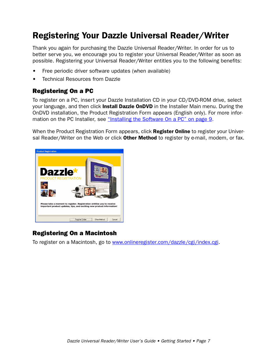 Registering your dazzle universal reader/writer, Registering on a pc, Registering on a macintosh | Dazzle Multimedia Universal 8 in 1 Reader/Writer None User Manual | Page 7 / 41