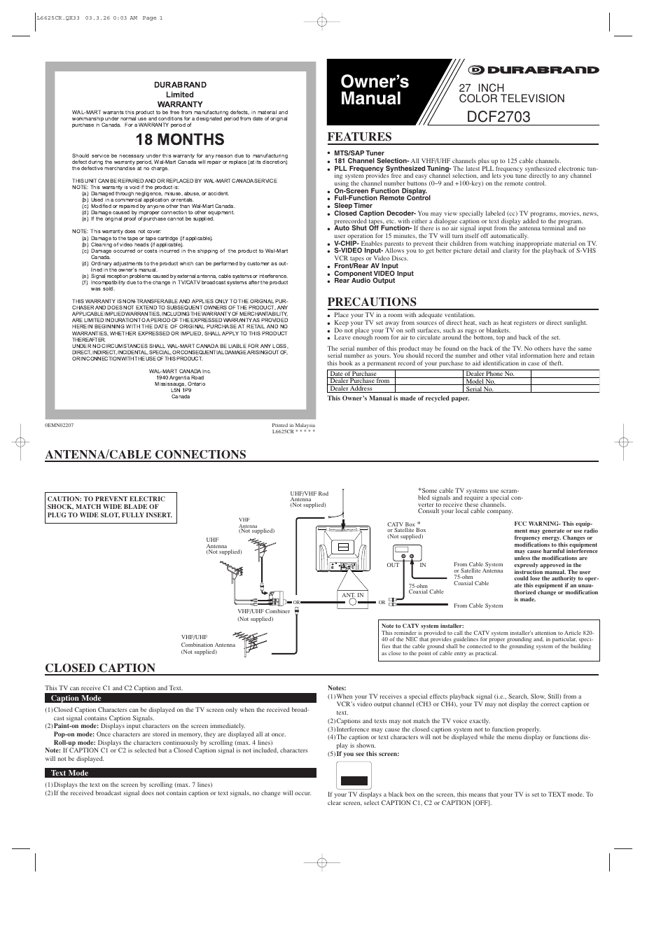 Durabrand 27 INC COLOR DCF2703 User Manual | 4 pages