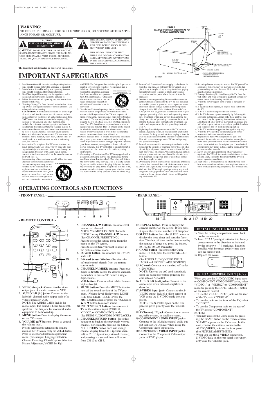 Important safeguards, Operating controls and functions, Warning | Rear panel, Remote control, Installing the batteries, Using audio/video input jacks, Front panel | Durabrand 27 INC COLOR DCF2703 User Manual | Page 2 / 4