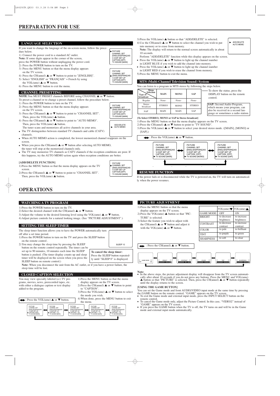 Preparation for use, Operations | Durabrand 27 INC COLOR DCF2703 User Manual | Page 3 / 4