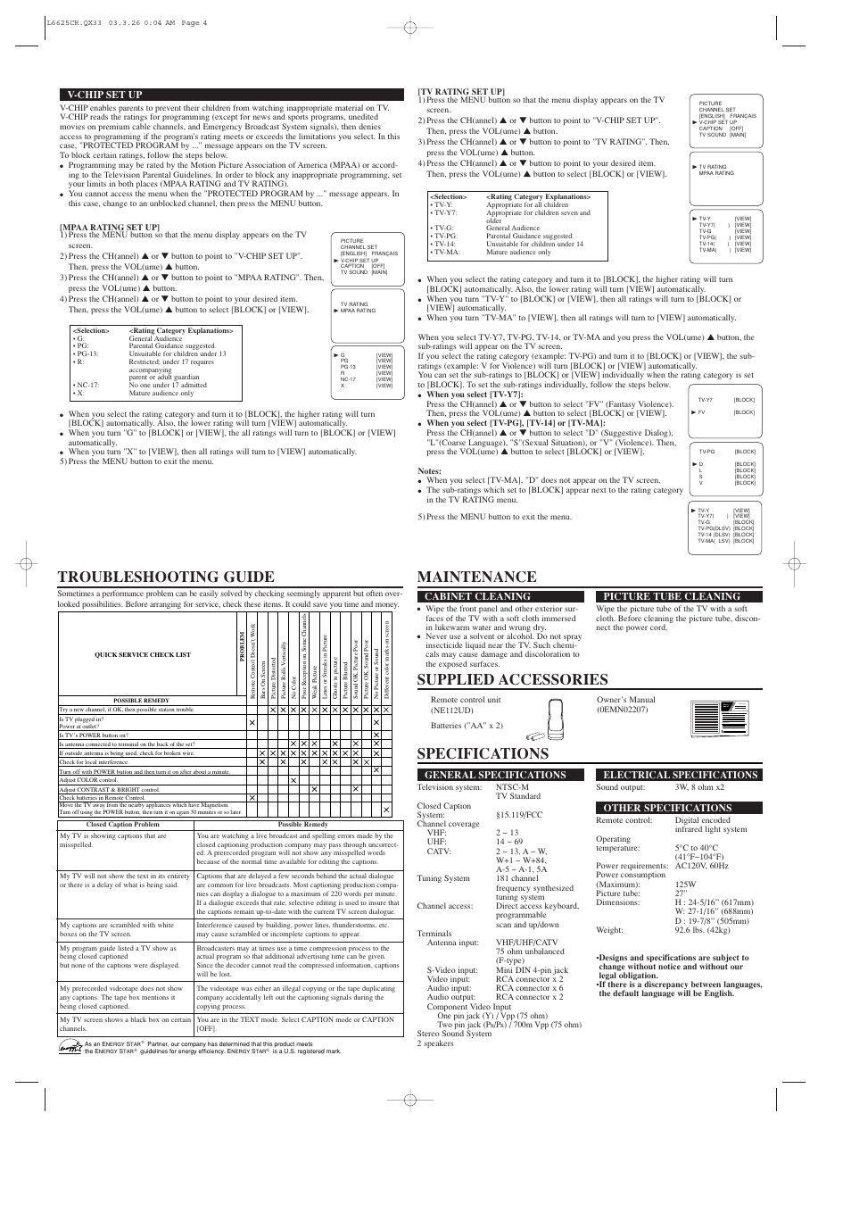 Specifications, Owner’s manual, General specifications | Electrical specifications, Other specifications, Cabinet cleaning, Picture tube cleaning, V-chip set up | Durabrand 27 INC COLOR DCF2703 User Manual | Page 4 / 4