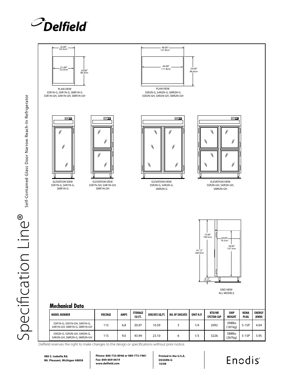 Sp ec ifi ca tio n li ne, Delfield, Mechanical data | Delfield SMR1N-G User Manual | Page 2 / 2