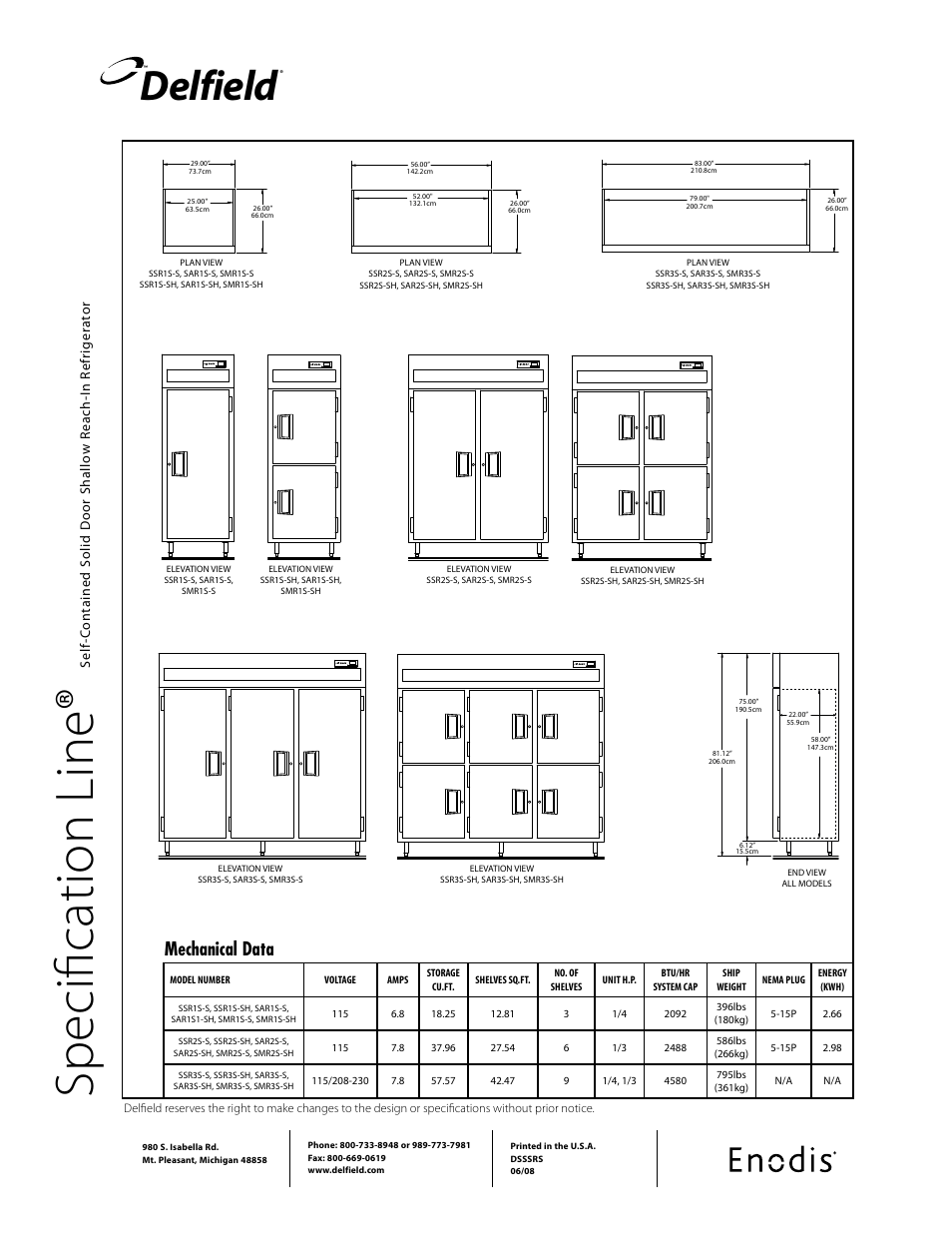 Sp ec ifi ca tio n li ne, Delfield, Mechanical data | Specification line | Delfield SSR1S-S User Manual | Page 2 / 2