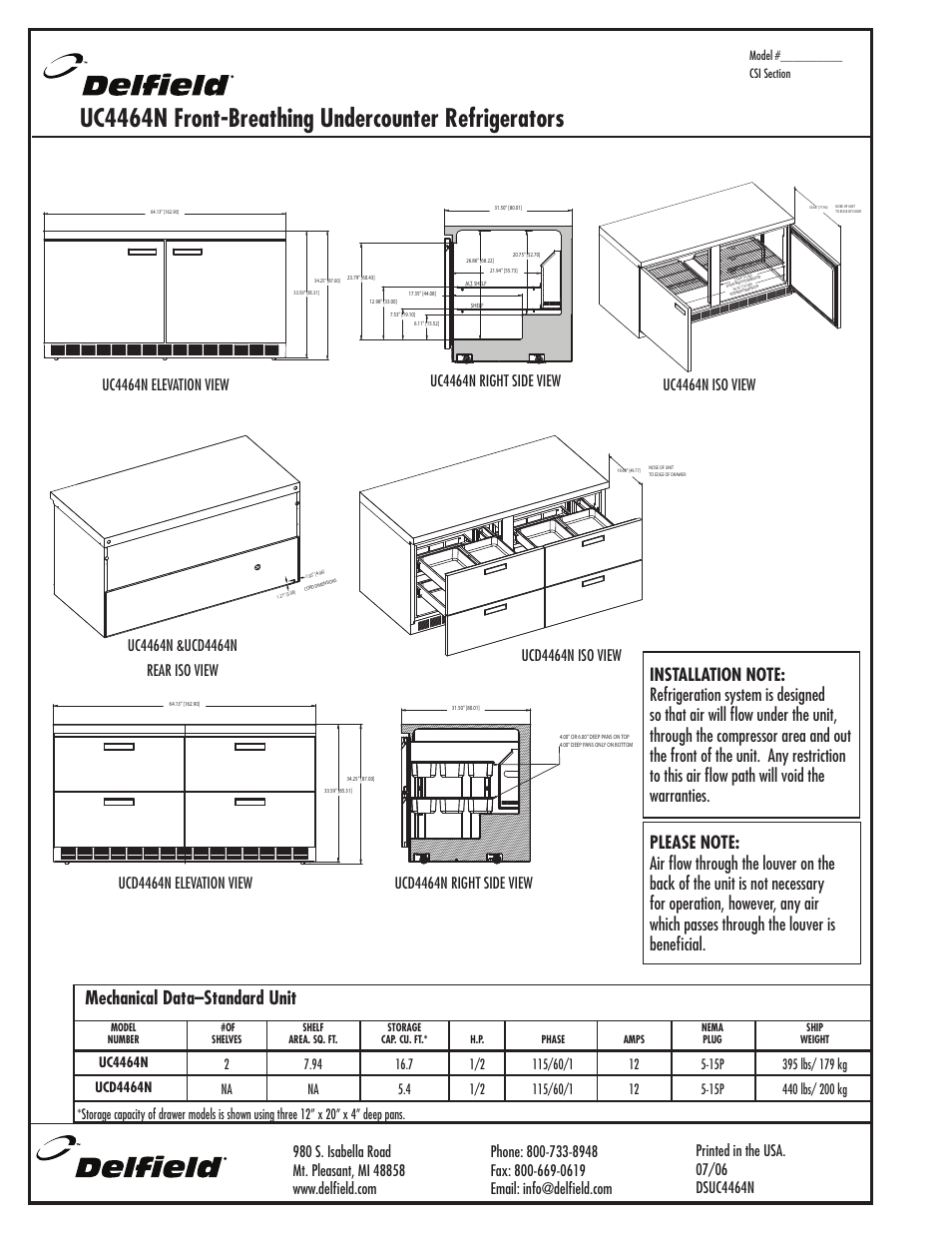 Uc4464n front-breathing undercounter refrigerators, Mechanical data–standard unit | Delfield UCD4464N User Manual | Page 2 / 2