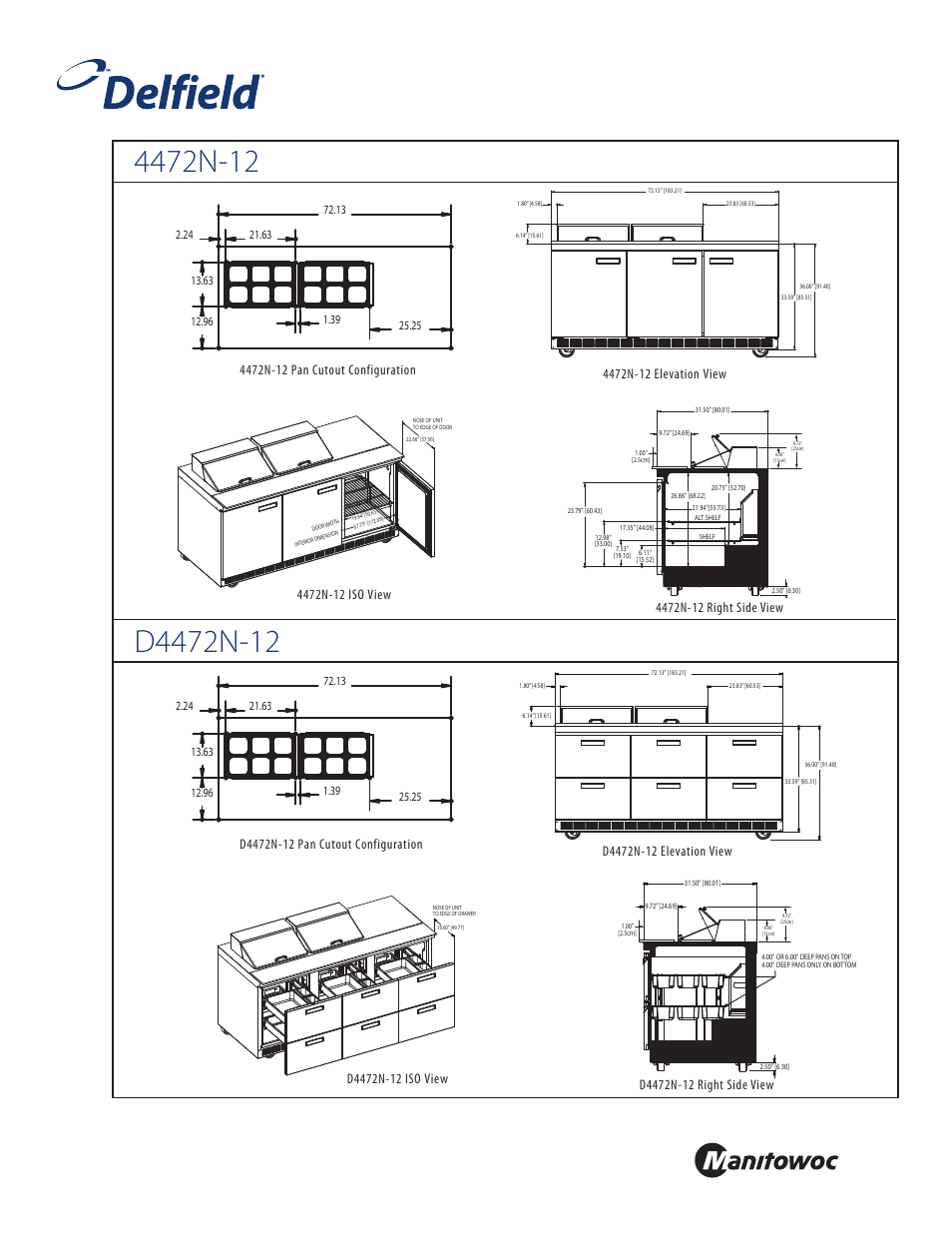 Front, Standard pan configurations | Delfield 4472N-12 User Manual | Page 2 / 4