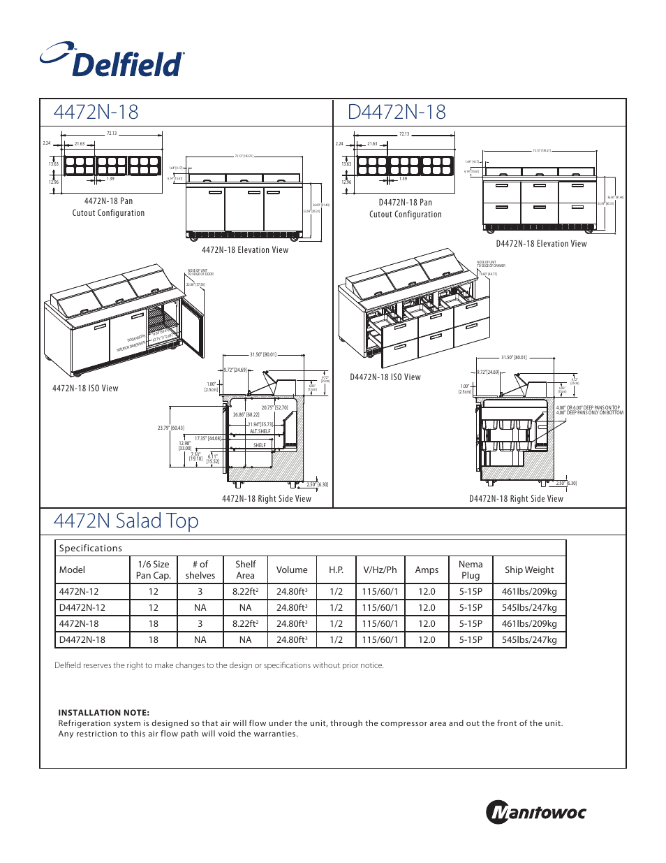 Front, Standard pan configurations, 80ft | Delfield 4472N-12 User Manual | Page 3 / 4