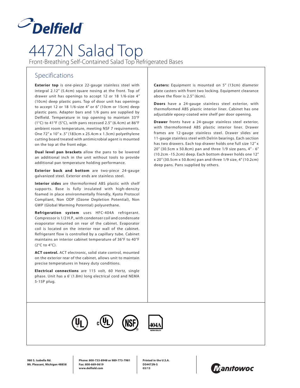 4472n salad top, Specifications | Delfield 4472N-12 User Manual | Page 4 / 4