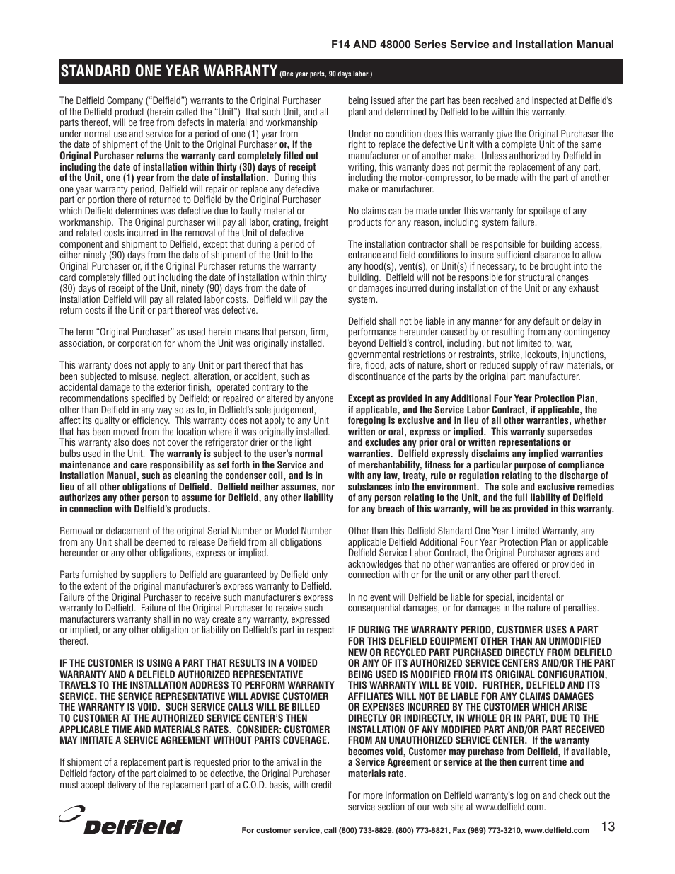 Standard one year warranty | Delfield 48000 Series User Manual | Page 13 / 16