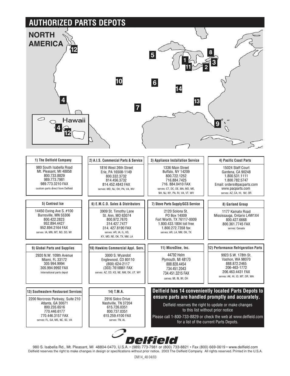 Authorized parts depots, North america | Delfield 48000 Series User Manual | Page 16 / 16