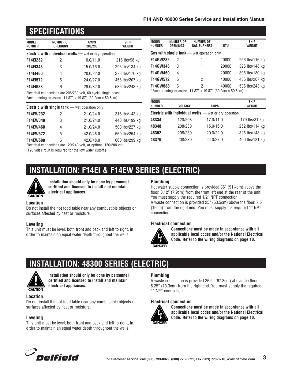 Specifications, Installation: f14ei & f14ew series (electric) | Delfield 48000 Series User Manual | Page 3 / 16