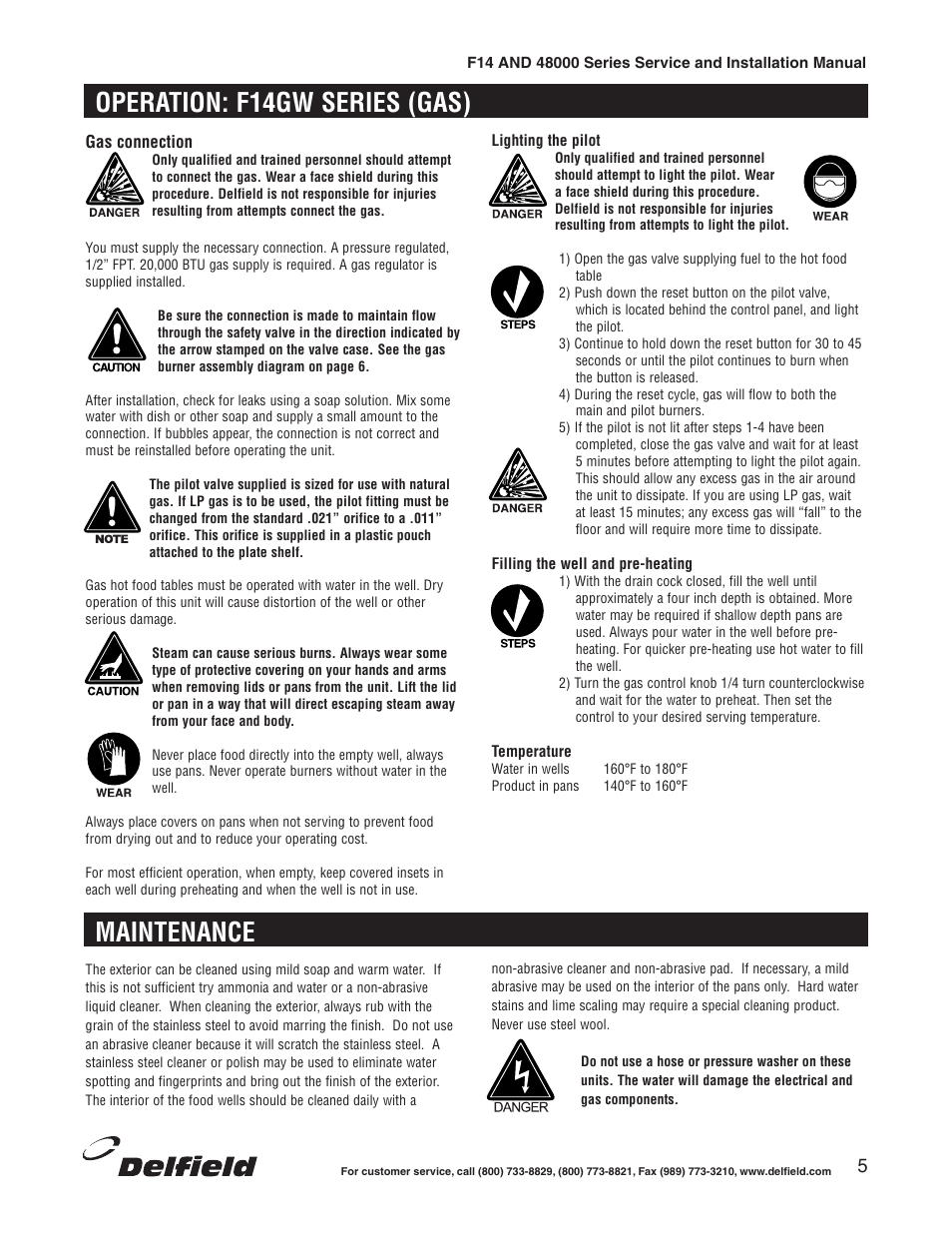 Operation: f14gw series (gas), Maintenance | Delfield 48000 Series User Manual | Page 5 / 16