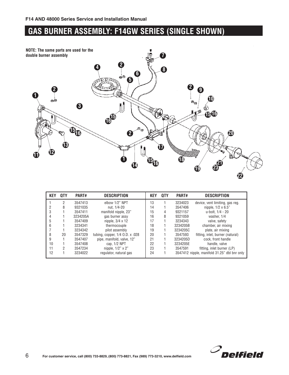Gas burner assembly: f14gw series (single shown) | Delfield 48000 Series User Manual | Page 6 / 16