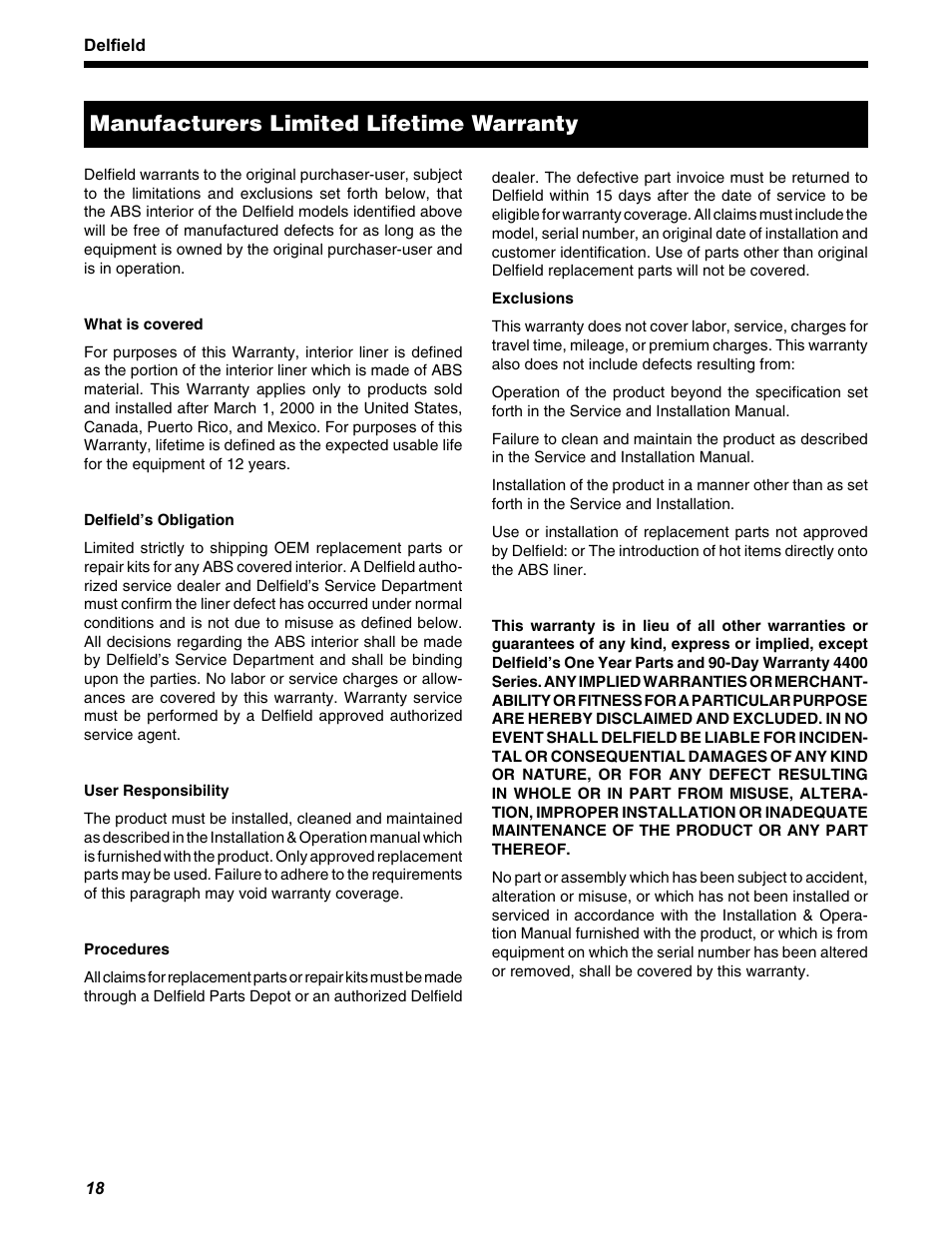 Manufacturers limited lifetime warranty | Delfield UCD4460N User Manual | Page 18 / 20