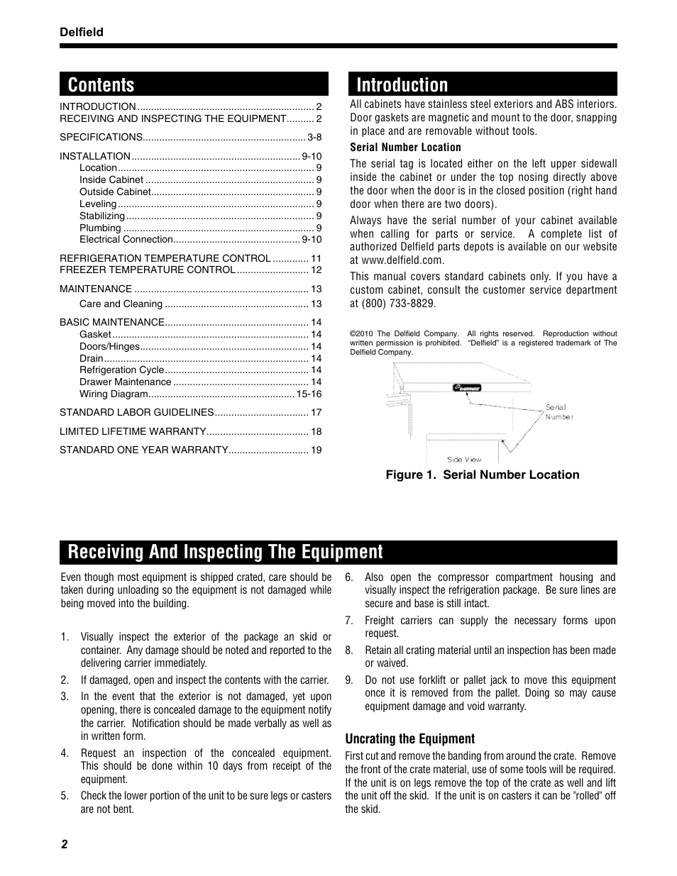 Contents introduction, Receiving and inspecting the equipment | Delfield UCD4460N User Manual | Page 2 / 20