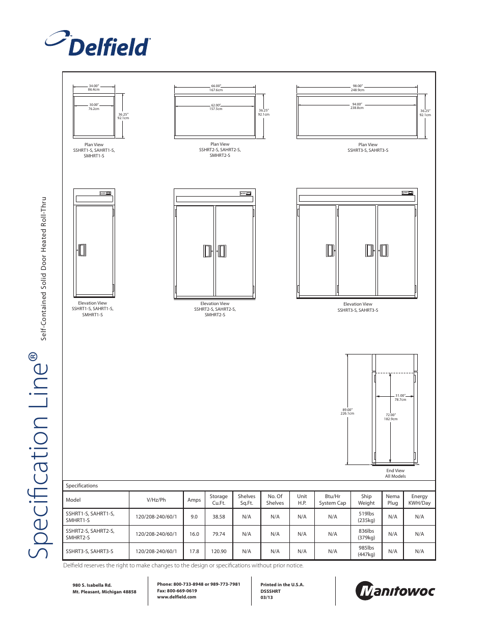 Specification line, Self- c on tained s olid d oor hea ted r oll- thru | Delfield SMHRT2-S User Manual | Page 2 / 2